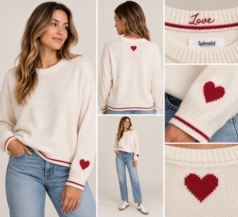 Splendid Collection Ivory Love Heart Crewneck Sweater Women’s XS